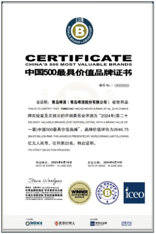 青岛啤酒品牌价值达2646.75亿元，连续21年行业之一