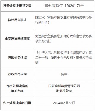 农发行咸宁市分行及荆门市分行总计被罚80万元：因违规发放贷款增加地方 *** 隐性债务