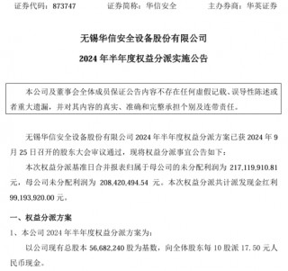 华信安全2024年半年度权益分派每10股派现17.5元 共计派发现金红利9919.39万