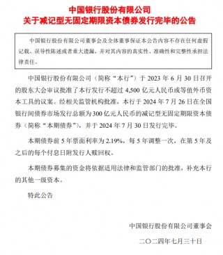 中国银行：完成发行300亿元减记型无固定期限资本债券