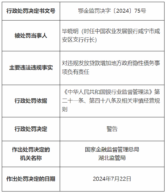 农发行咸宁市分行及荆门市分行总计被罚80万元：因违规发放贷款增加地方 *** 隐性债务  第2张