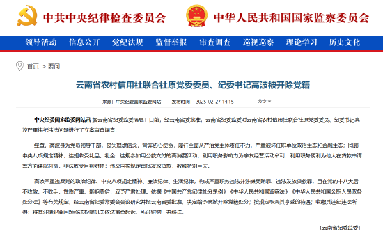 云南省农村信用社联合社原党委委员、纪委书记高波被开除党籍  第1张